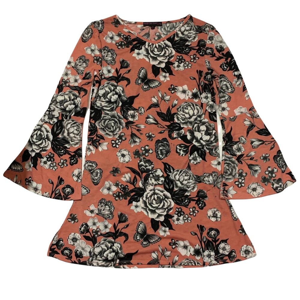 LAUGH OUT LOUD Peach Black Floral Bell Sleeve Mini Dress Medium